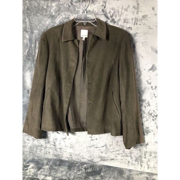 Anne Klein Neiman Marcus Suede Olive Green Women’s Moto Jacket Large Snap Front - Picture 3 of 15